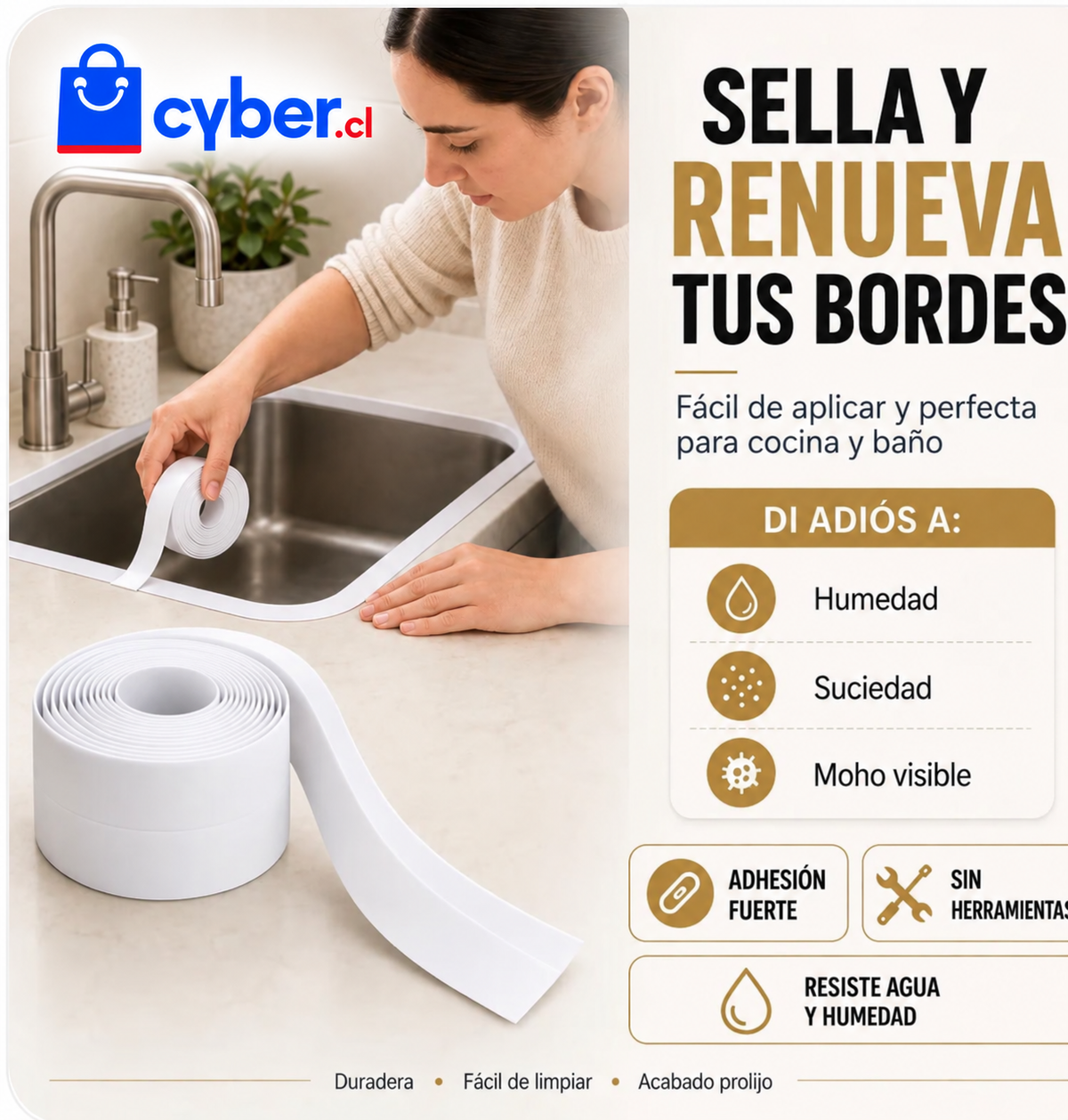 Cinta Selladora Impermeable para Cocina y Baño 3M