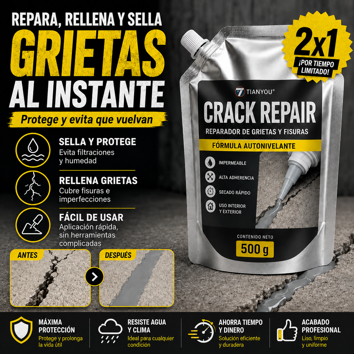 GrietaZero™ – Reparador y Sellador de Grietas | Promo 2x1