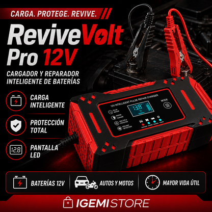 ReviveVolt Pro 12V™ | Cargador y Reparador Inteligente de Baterías para Auto y Moto